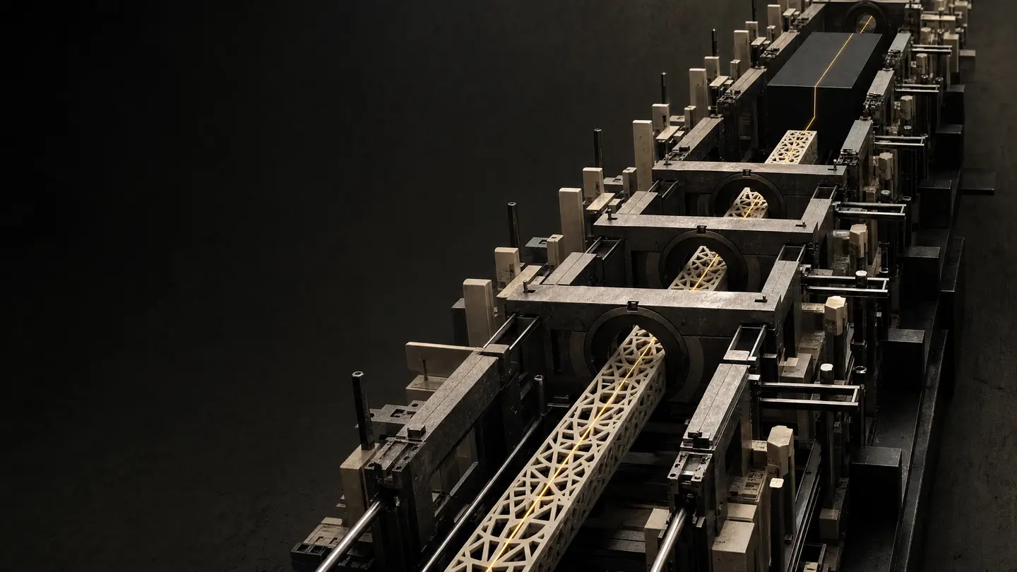 An abstract software assembly line passing through precision verification gates